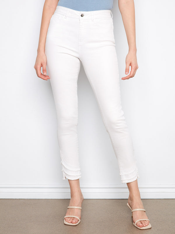 Frayed Hem Twill Pants - White