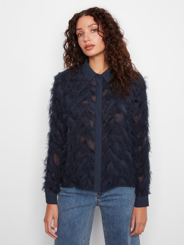 Blouse boutonnée en chiffon frangé - Marine