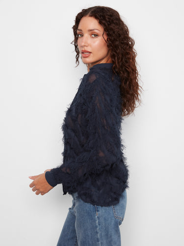 Elegant navy top showcasing long sleeves and intricate fringed chiffon texture for an elevated look. By Charlie B.