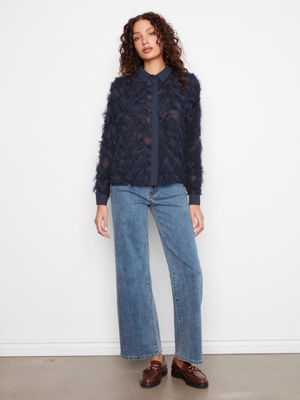 Blouse boutonnée en chiffon frangé - Marine