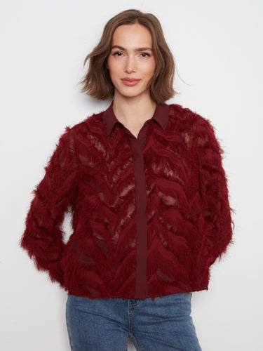 Merlot chiffon blouse with fringed texture and shirt collar, exuding elegance by Charlie B.