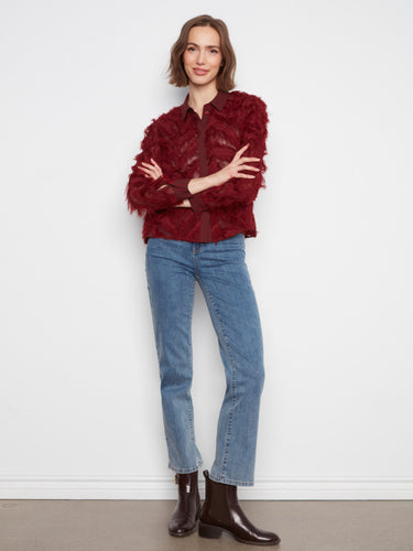 Chic merlot blouse featuring a stylish button-front design and long sleeves by Charlie B.