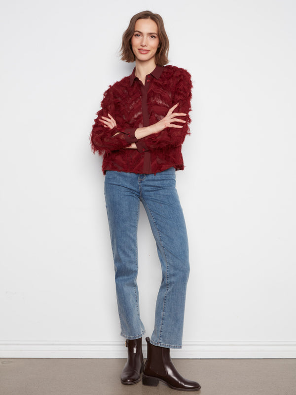 Blouse boutonnée en chiffon frangé - Merlot