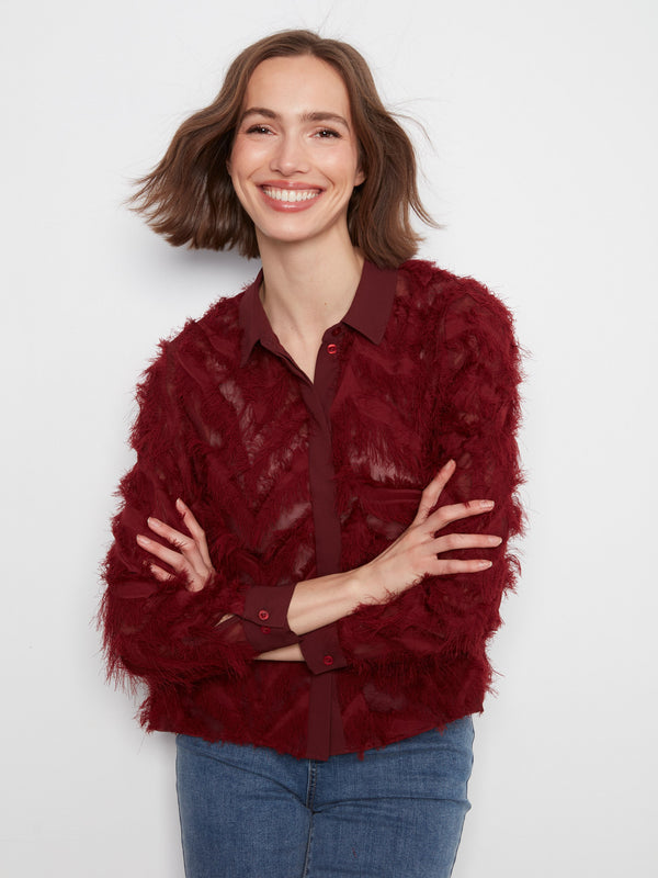 Blouse boutonnée en chiffon frangé - Merlot