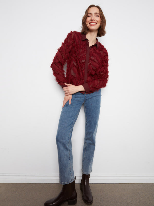 Blouse boutonnée en chiffon frangé - Merlot