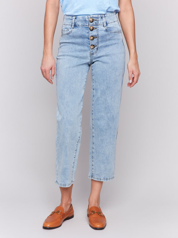 Cropped length light blue jeans in stretch denim for comfort by Charlie B.
