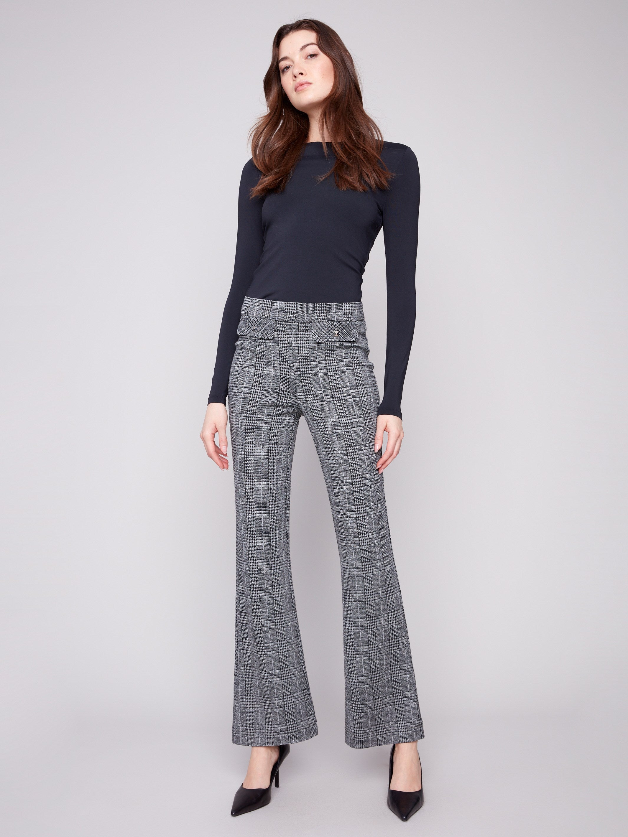 Charcoal glen plaid flare pants with a flattering long length, adding elegance to any outfit by Charlie B.