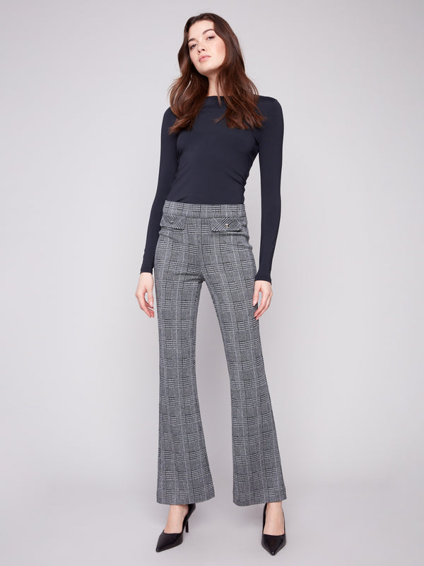 Charcoal glen plaid flare pants with a flattering long length, adding elegance to any outfit by Charlie B.