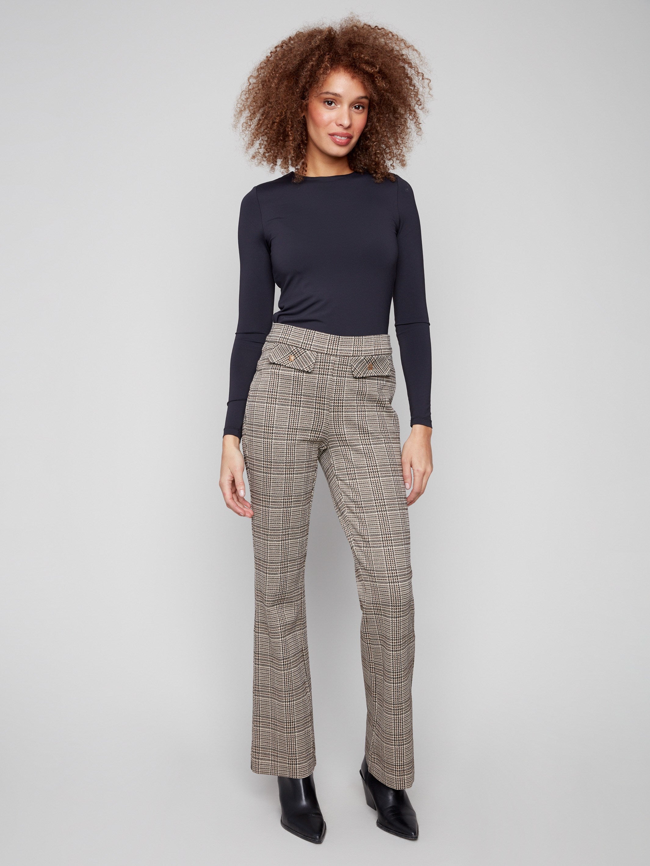 Wales glen plaid pants with a flattering flare fit and stylish design, featuring faux studded flap pockets by Charlie B.