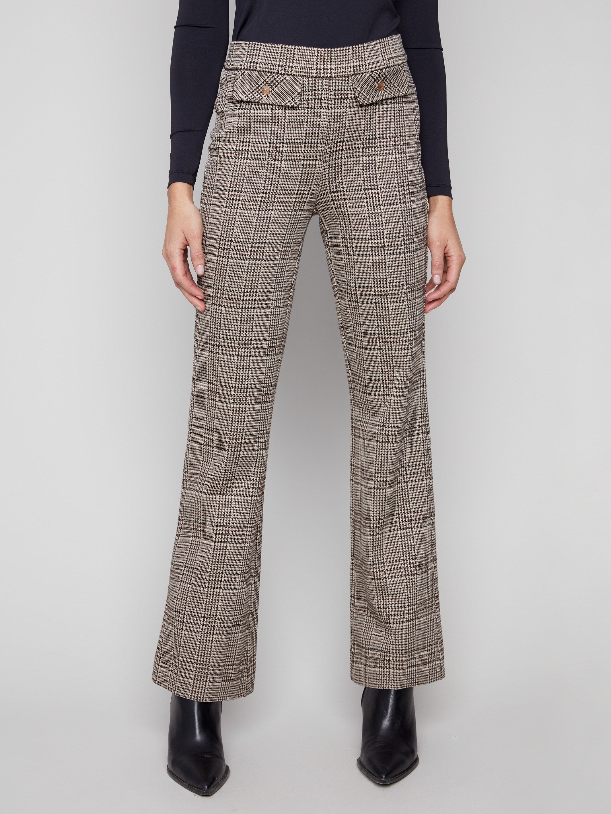 Long length glen plaid pants with a classic flair, enhanced by lurex thread detailing for added elegance by Charlie B.
