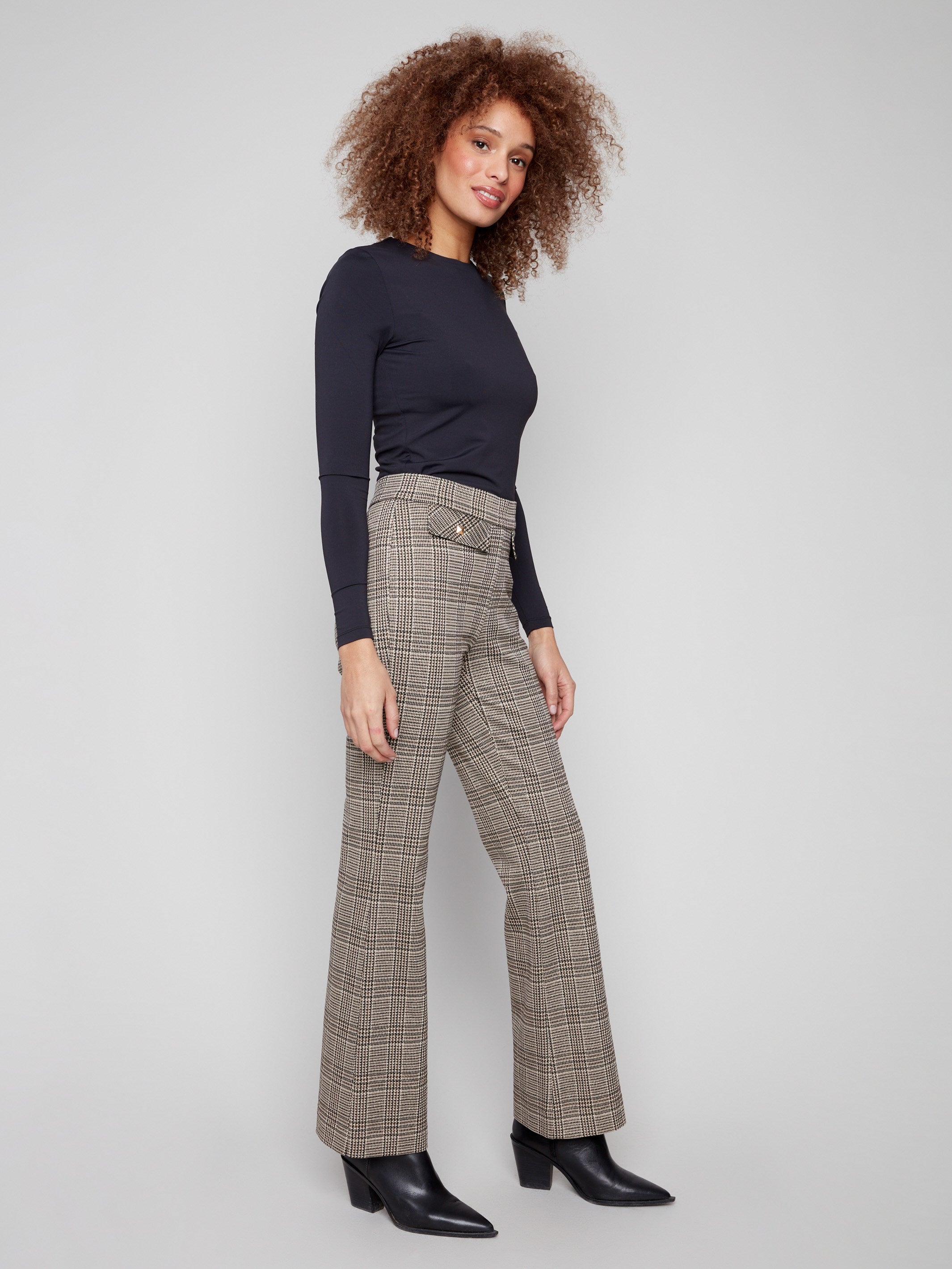 Stylish Wales glen plaid pants designed in a flattering mid-rise waistline, perfect for any occasion by Charlie B.