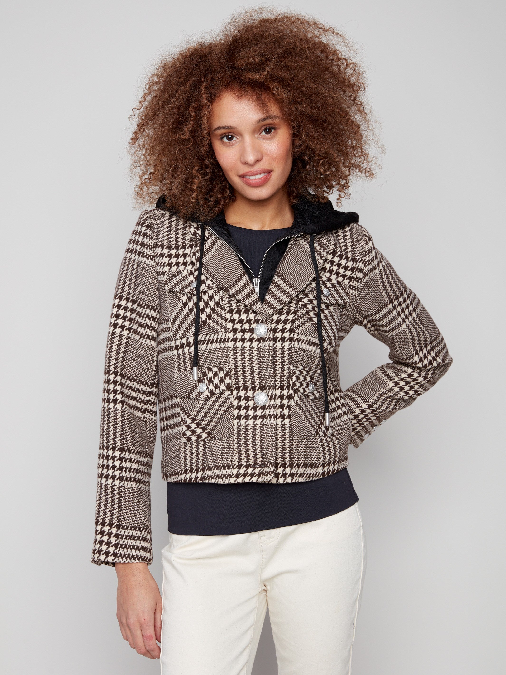 Mocha plaid jacket featuring a stylish front zipper and button closure, perfect for layering by Charlie B.
