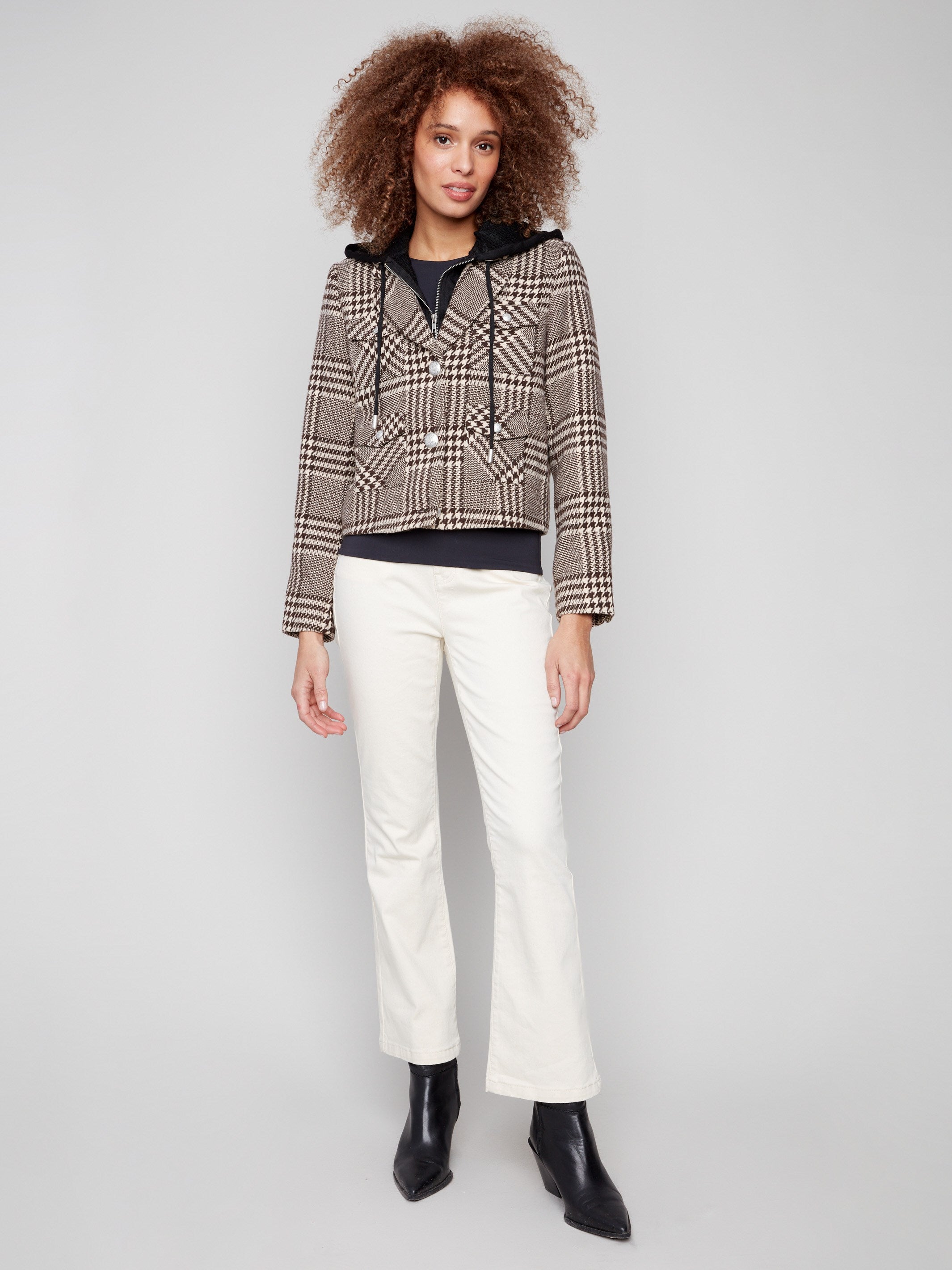 Chic mocha plaid jacket with a cozy hood and drawstrings, ideal for casual outings by Charlie B.