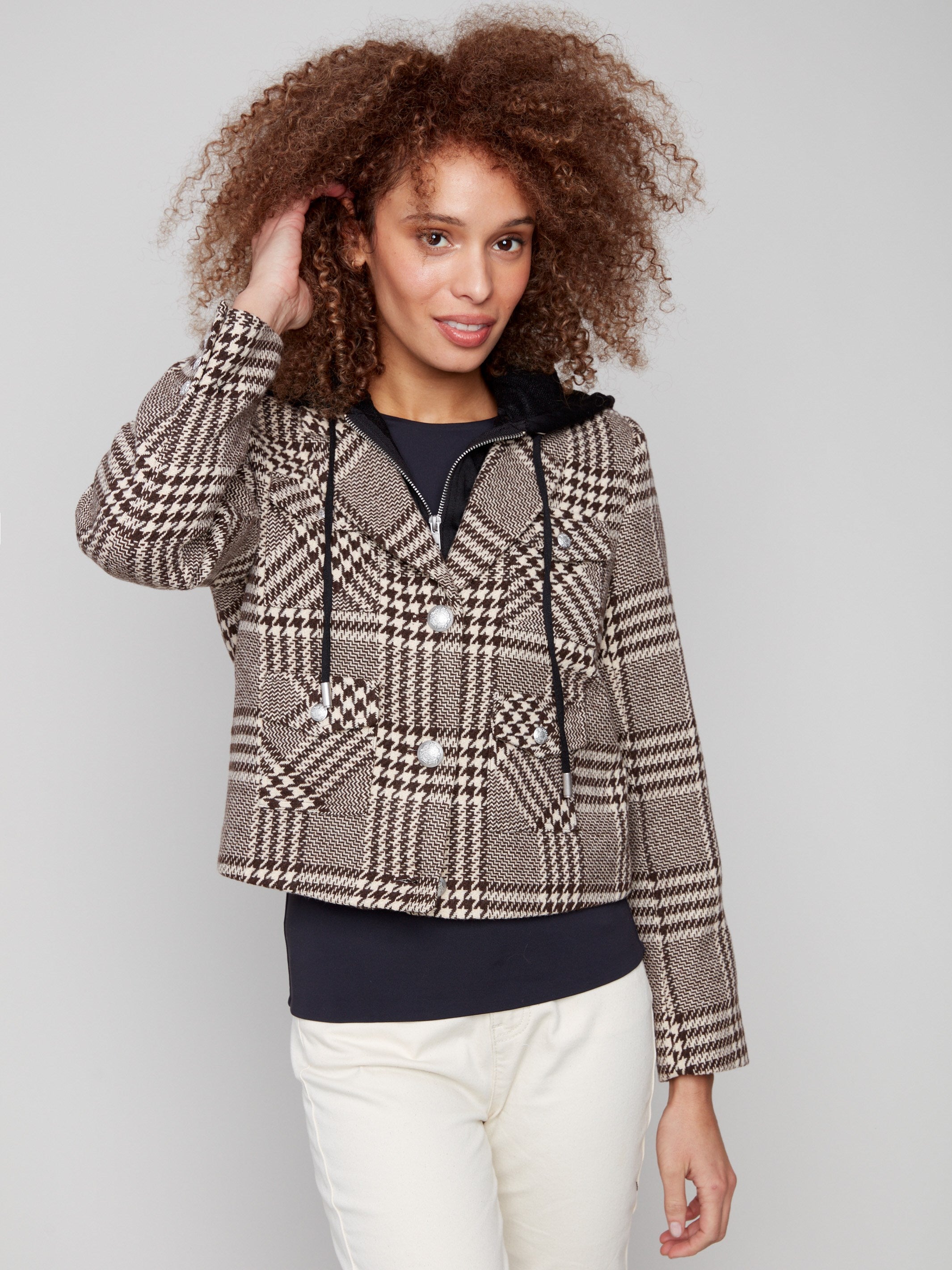 Elegant mocha plaid jacket designed with functional patch pockets with flaps for added utility by Charlie B.