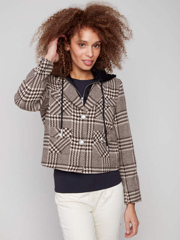 Elegant mocha plaid jacket designed with functional patch pockets with flaps for added utility by Charlie B.