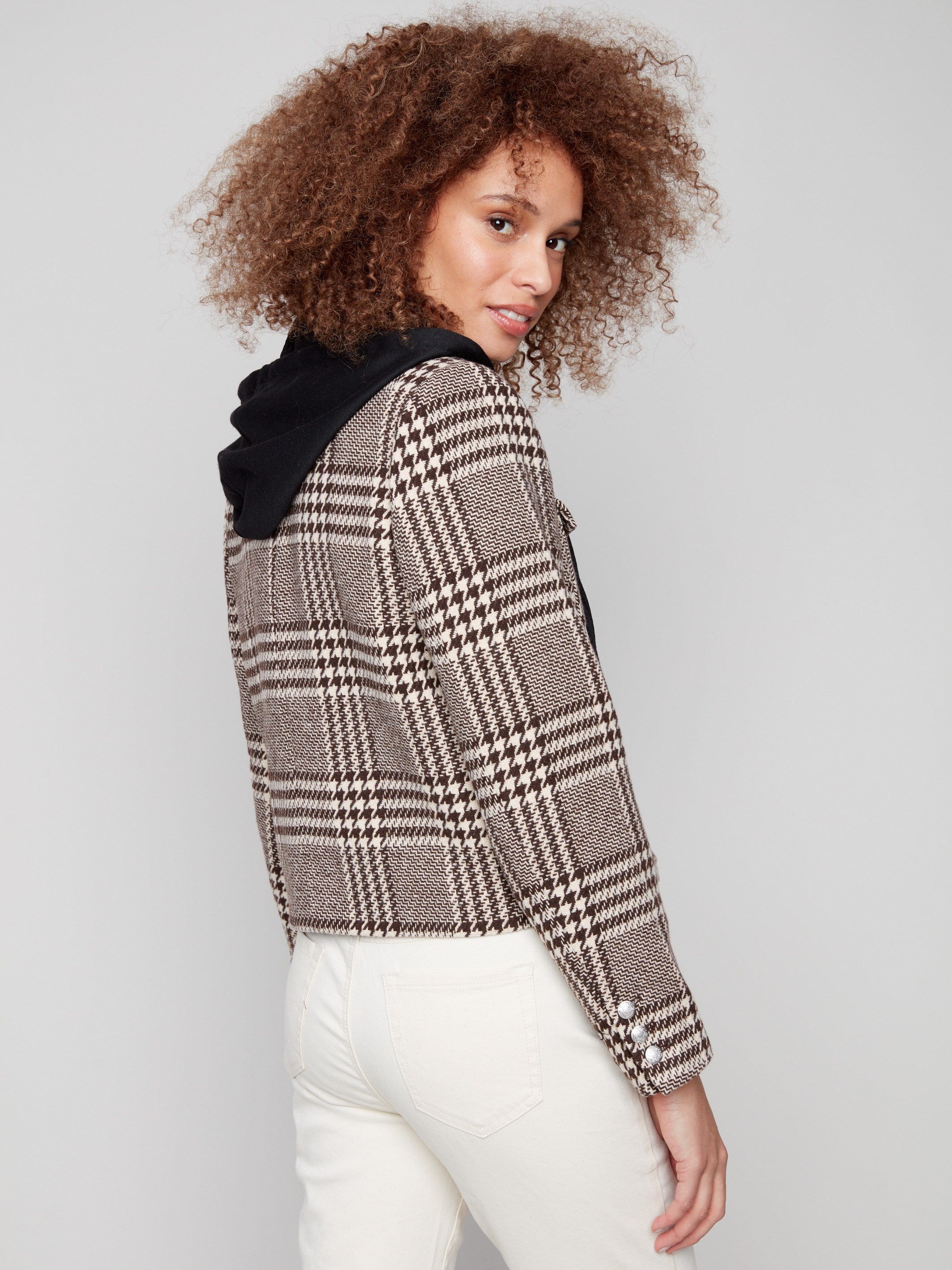 Trendy mocha plaid jacket showcasing button cuffs that add a touch of sophistication by Charlie B.