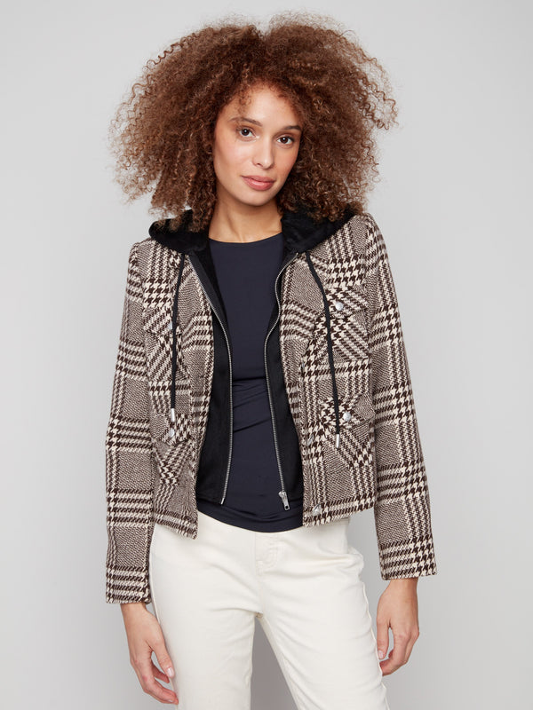 Sophisticated mocha plaid jacket highlighted by its versatile design and fashionable details by Charlie B.