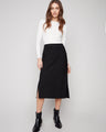 Black crepe skirt with a chic midi length, perfect for versatile styling by Charlie B.