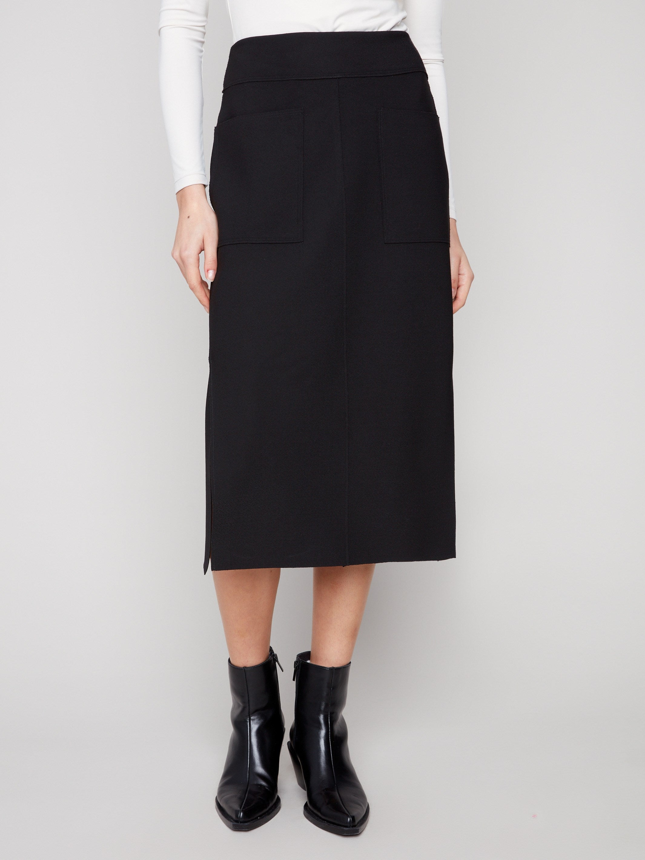Elegant black crepe skirt featuring comfortable stretch fabric, ideal for all-day wear by Charlie B.