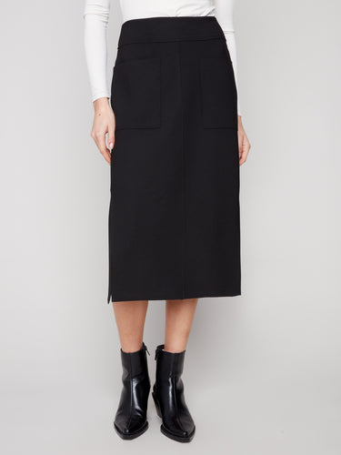 Elegant black crepe skirt featuring comfortable stretch fabric, ideal for all-day wear by Charlie B.
