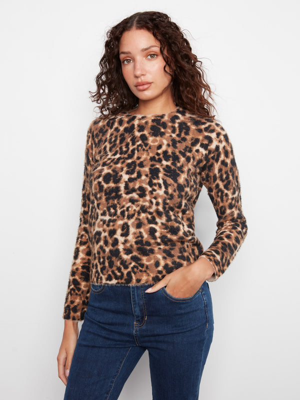 Chandail à col rond en tricot duveteux - Guépard