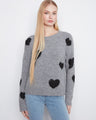 Grey sweater with crew neckline and black heart embroidery adds charm to your look by Charlie B.