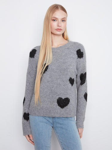Grey sweater with crew neckline and black heart embroidery adds charm to your look by Charlie B.