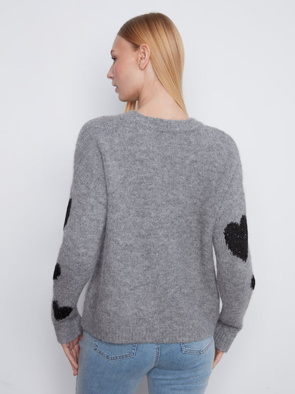 Heart Embroidered Crew Neck Sweater - Med Heather Grey