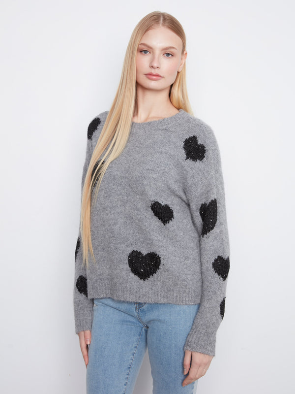 Heart Embroidered Crew Neck Sweater - Med Heather Grey