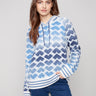 Sweater with blue heart pattern and drawstring hood, perfect for cozy days by Charlie B.