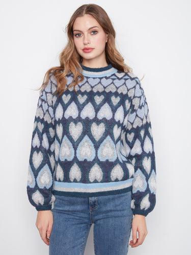 Navy sweater featuring a mock neck and charming heart jacquard design, perfect for cozy days by Charlie B.