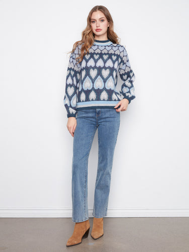 Chic navy sweater with drop shoulder design and lovely heart pattern, ideal for casual outings by Charlie B.