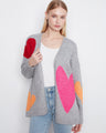 Heather-grey cardigan with colorful heart prints and relaxed fit, featuring convenient side pockets for a cozy look by Charlie B.