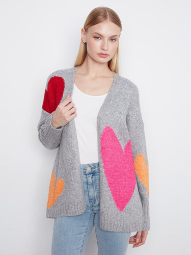Heather-grey cardigan with colorful heart prints and relaxed fit, featuring convenient side pockets for a cozy look by Charlie B.