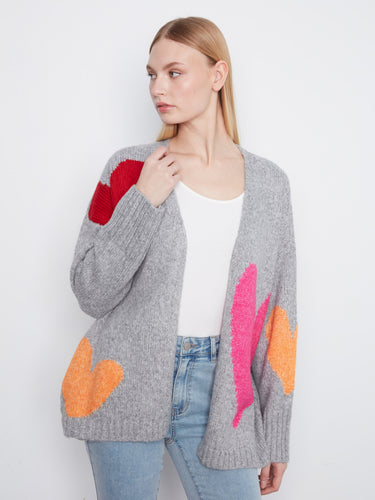 Vibrant heart-printed heather-grey cardigan with an open front and side pockets, perfect for casual elegance by Charlie B.
