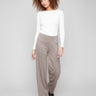Mocha-colored herringbone pants by Charlie B with a flattering wide-leg silhouette, ensuring a stylish and relaxed fit.