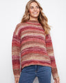 Striped sweater with a cozy mock neckline, perfect for chilly days. The blend of warm hues adds a touch of elegance by Charlie B.