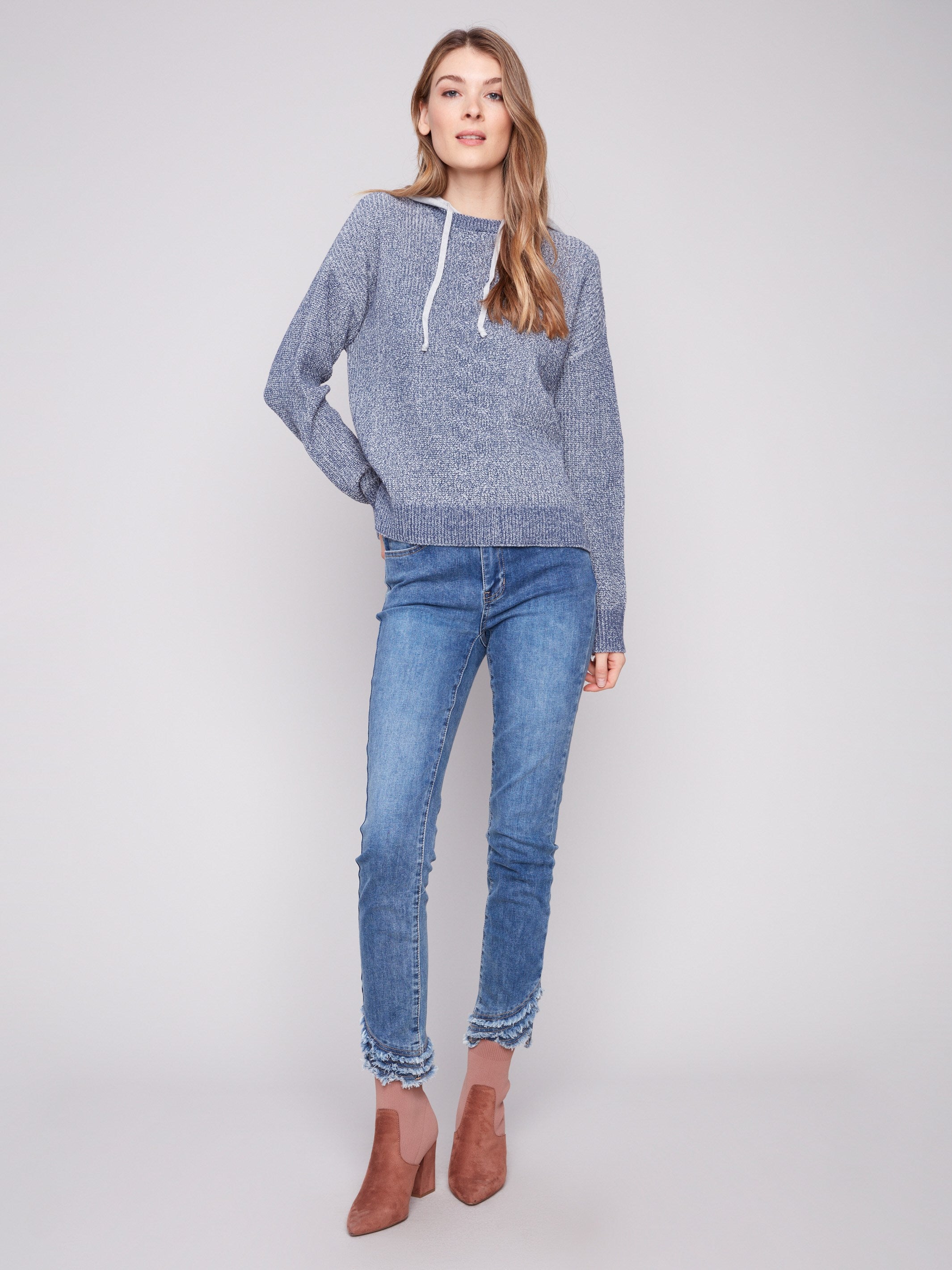 Heather denim hoodie with classic drawstring hood, perfect for casual outings by Charlie B.