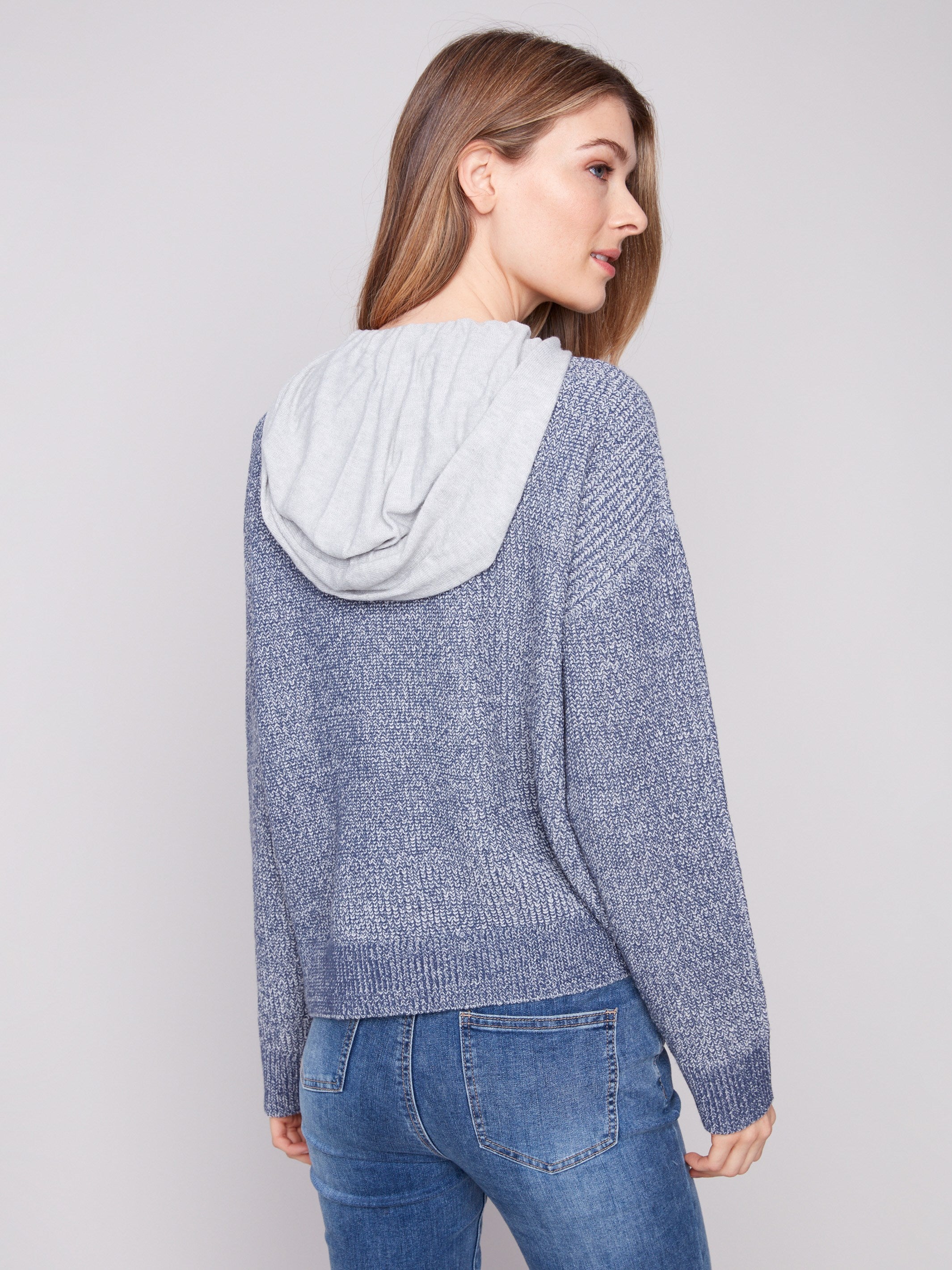Stylish long-sleeve sweater with a relaxed drop shoulder fit in heather denim by Charlie B.