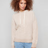 Heather sesame long-sleeve hoodie sweater with front cable detail and drawstrings by Charlie B.