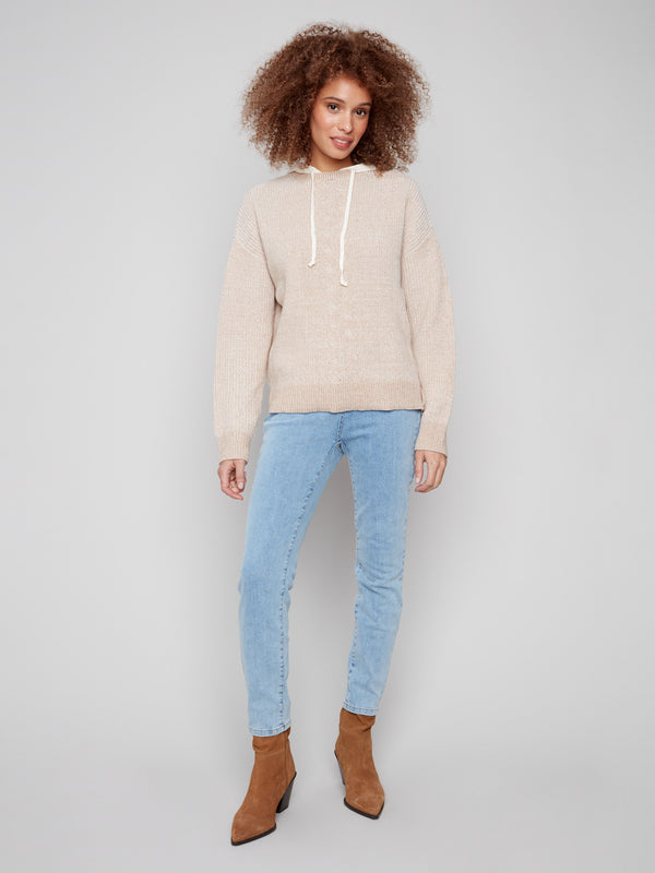 Heather sesame long-sleeve hoodie sweater with front cable detail and drawstrings by Charlie B.