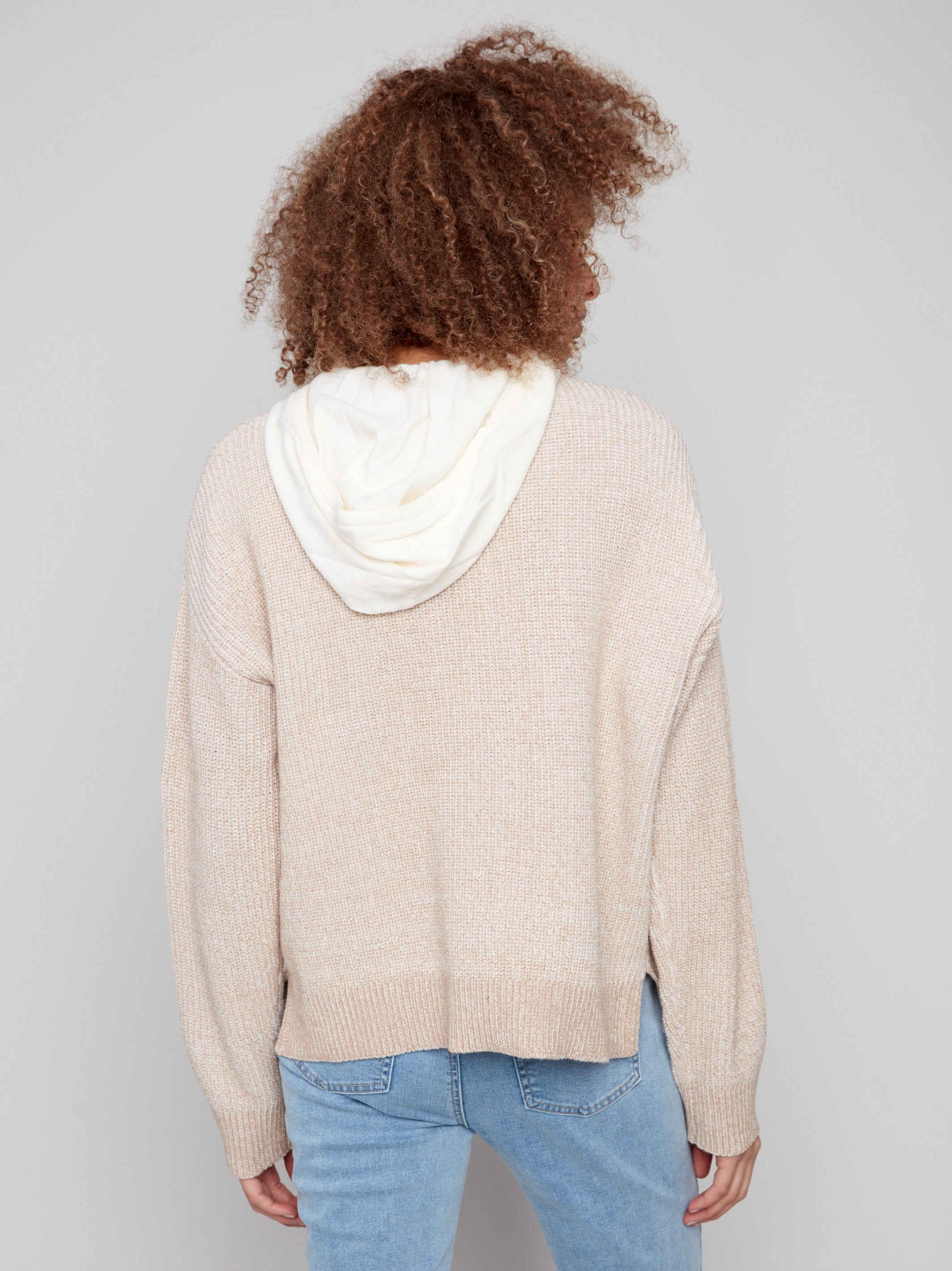Heather sesame long-sleeve hoodie sweater with front cable detail and drawstrings by Charlie B.