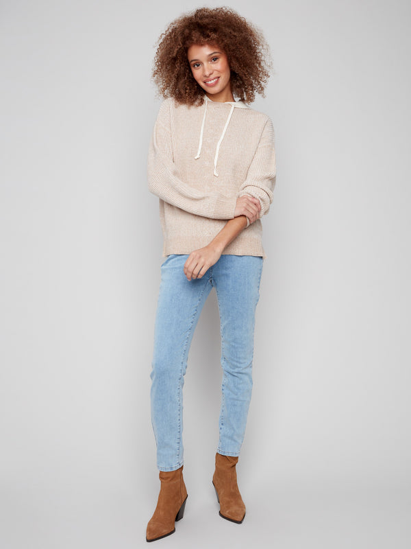 Heather sesame long-sleeve hoodie sweater with front cable detail and drawstrings by Charlie B.