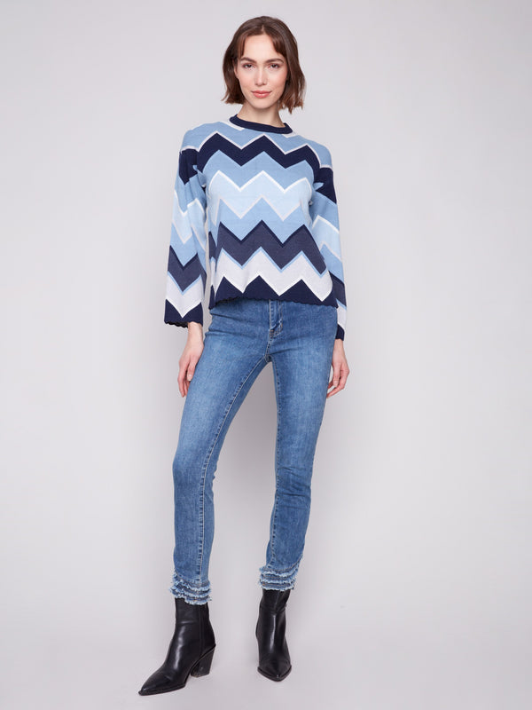 Chevron patterned blue sweater with stylish bell sleeves to elevate your fashion game by Charlie B.