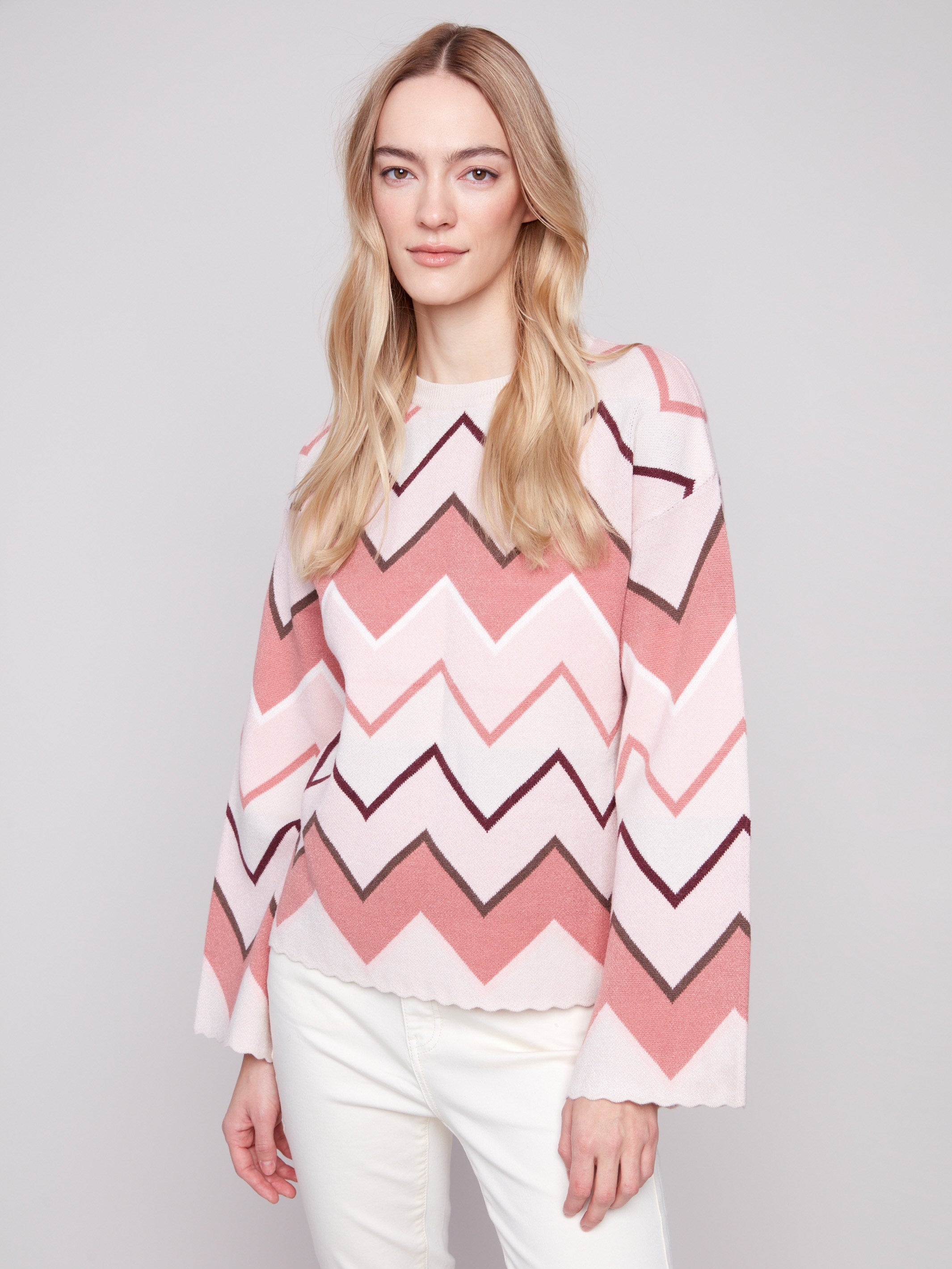 Chevron patterned sweater with a focus on the stylish crew neckline, offering both comfort and elegance by Charlie B.