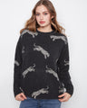 Black sweater with wildcat pattern, featuring ribbed cuffs and hem for a snug fit by Charlie B.