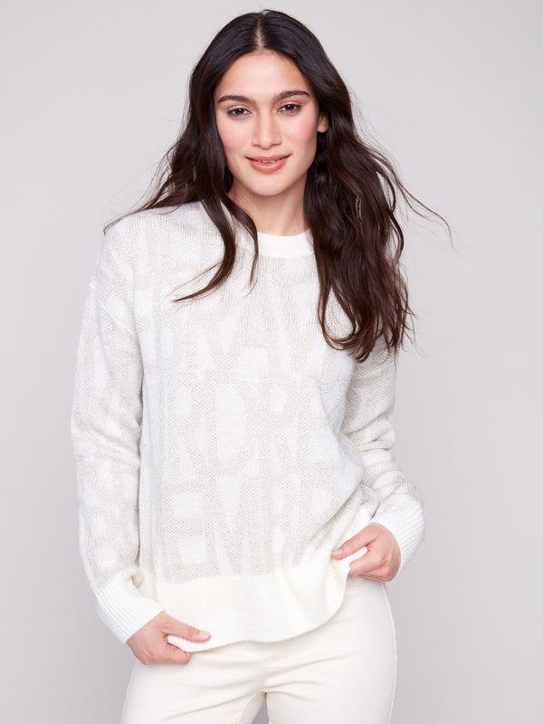 Off-white jacquard sweater with ribbed cuffs and a stylish crew neck, perfect for casual elegance by Charlie B.