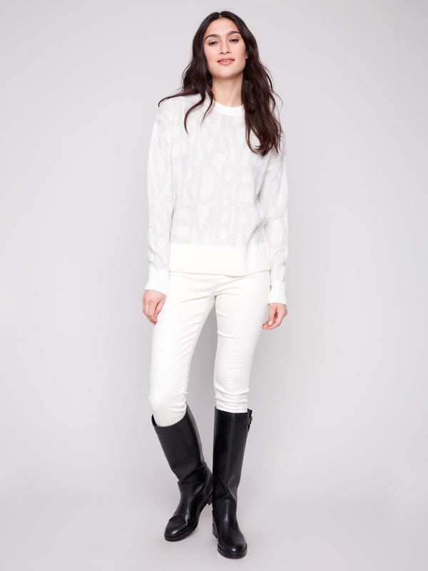 Chic off-white jacquard sweater featuring subtle tonal text pattern, ideal for a refined look by Charlie B.