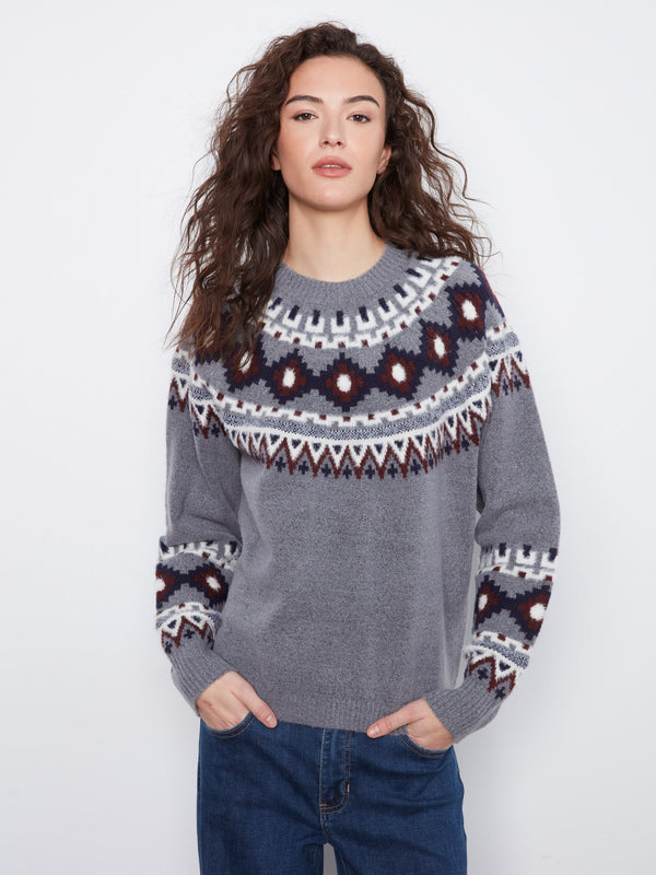Chandail de ski en tricot jacquard - Gris Moyen Chiné