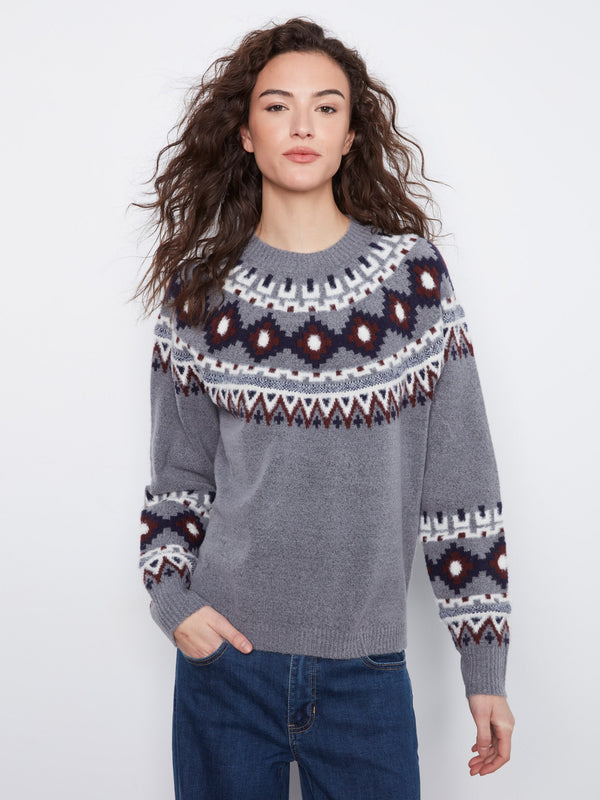 Chandail de ski en tricot jacquard - Gris Moyen Chiné